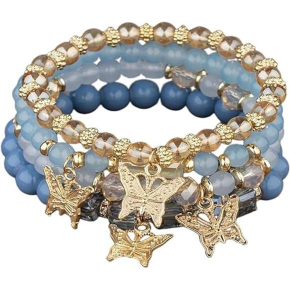 Handmade 4pcs Colorful Butterfly Pendant Stackable Stretch Crystal Stone Beaded - Picture 2 of 4